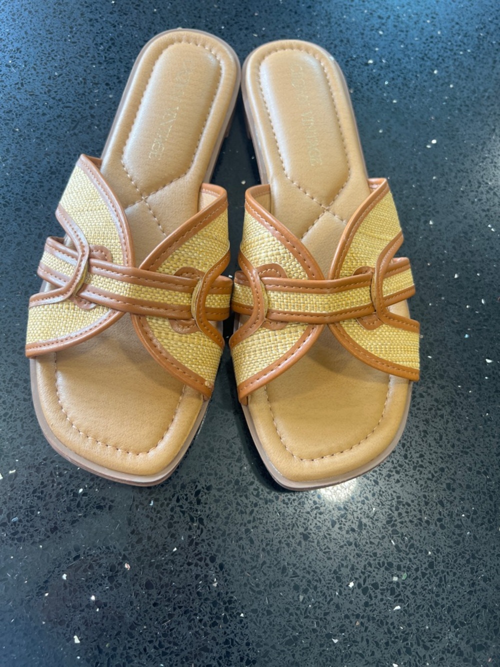 Crown Vintage Tan and Yellow Woven Slide Sandals